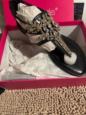 Shoe Dazzle Black Jeweled T-Strap Sandals with Gold Crystals